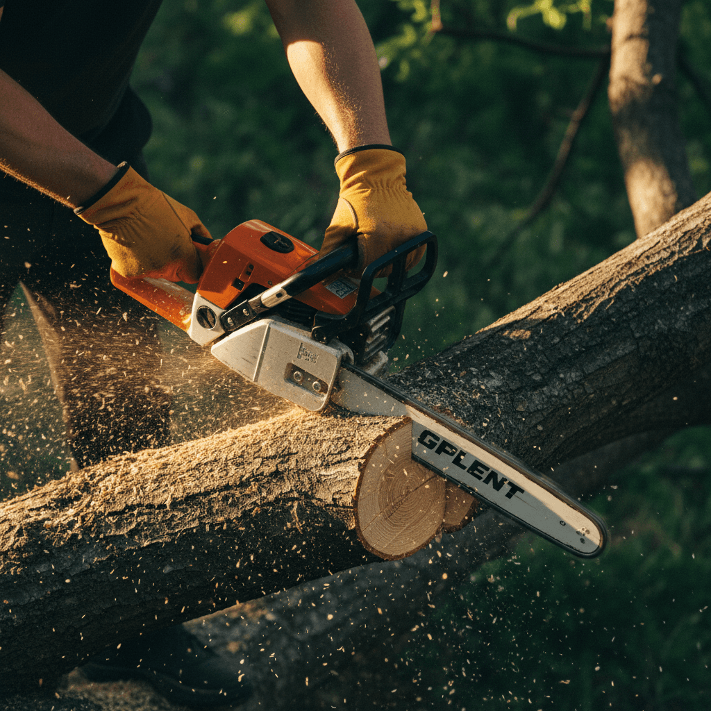 Arborist's hands operating chainsaw to cut tree branch, showing professional tree care expertise and precision