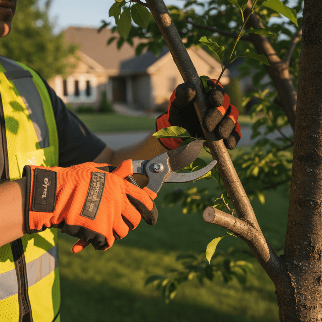 Professional tree service expert assessing a large oak tree in a backyard in New Port Richey.