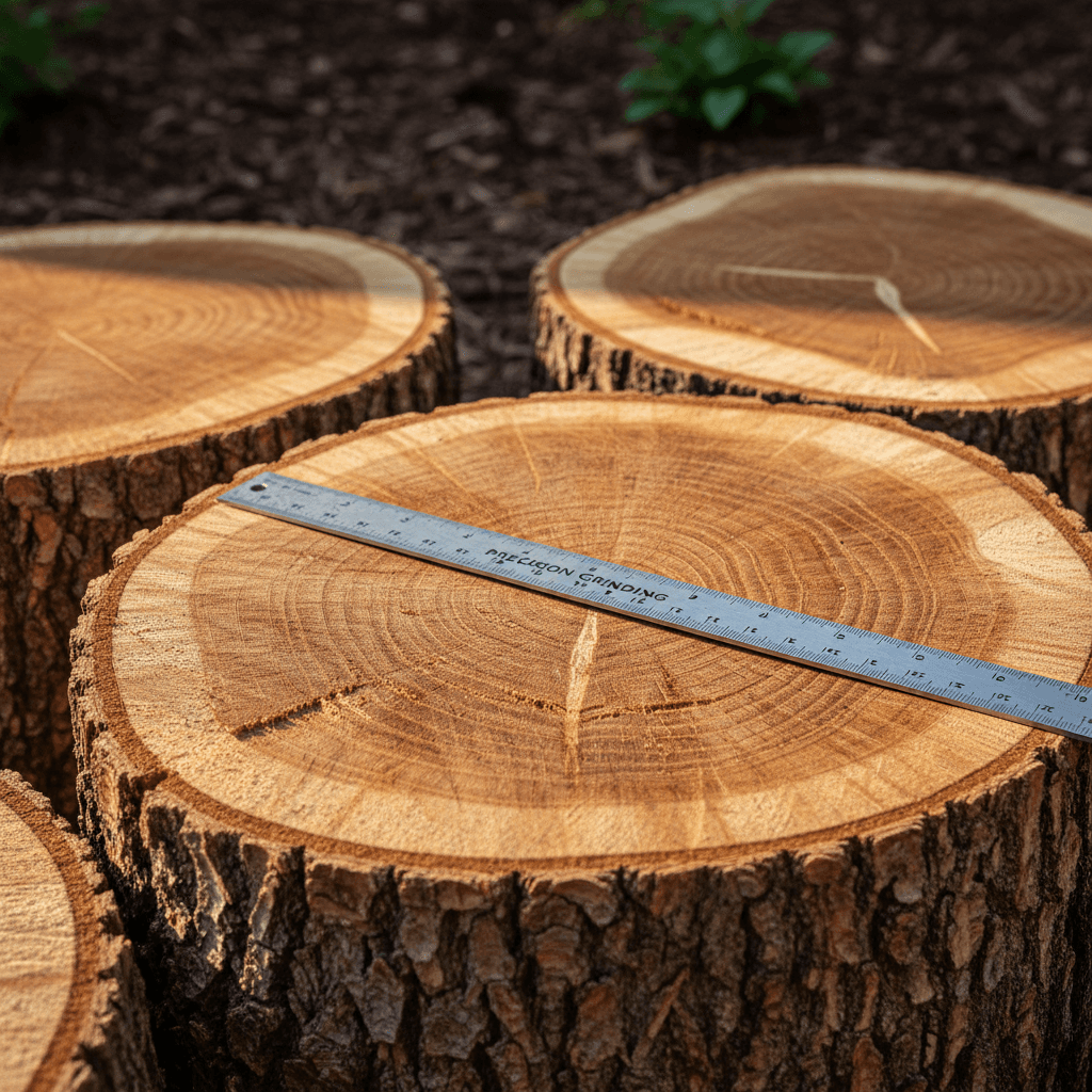 Close-up of freshly ground tree stump showing growth rings and cut surface quality detail