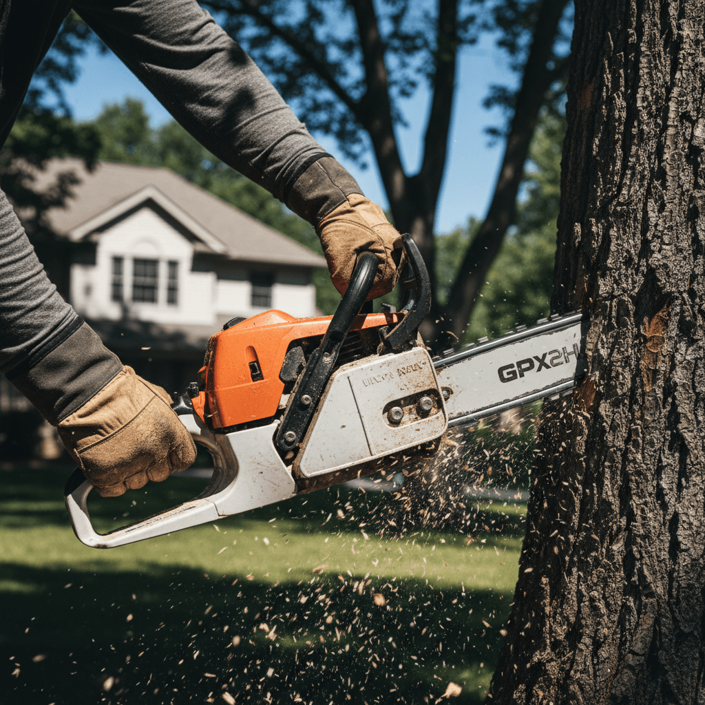 Arborist hands gripping a chainsaw on a cut limb