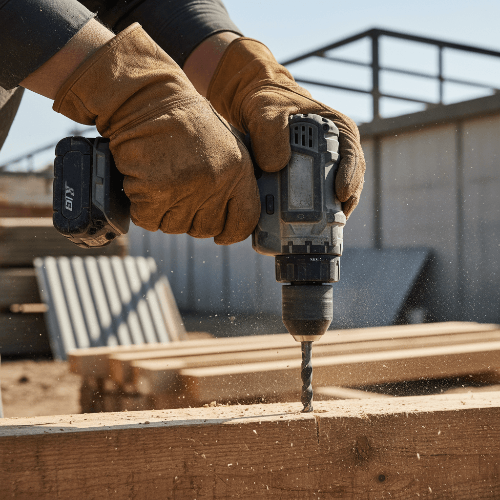 Close-up of hands gripping a chainsaw handle, ready for tree work