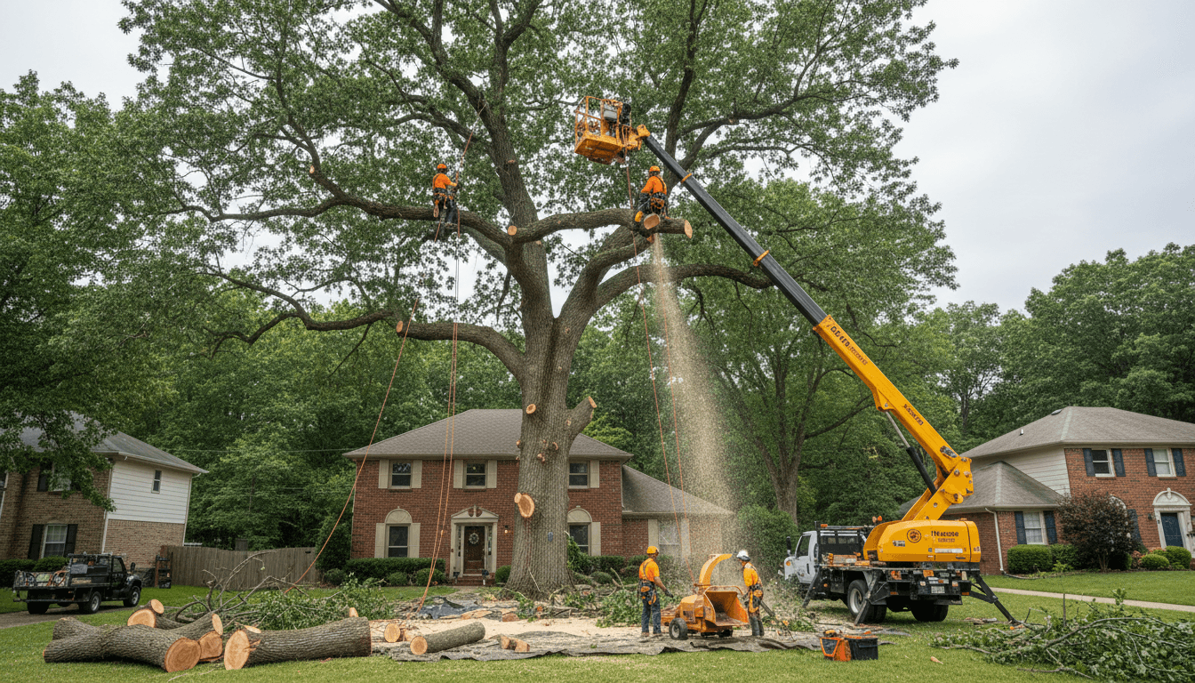 Professional tree removal crew operating aerial lift truck to remove large mature tree from residential property with safety equipment visible